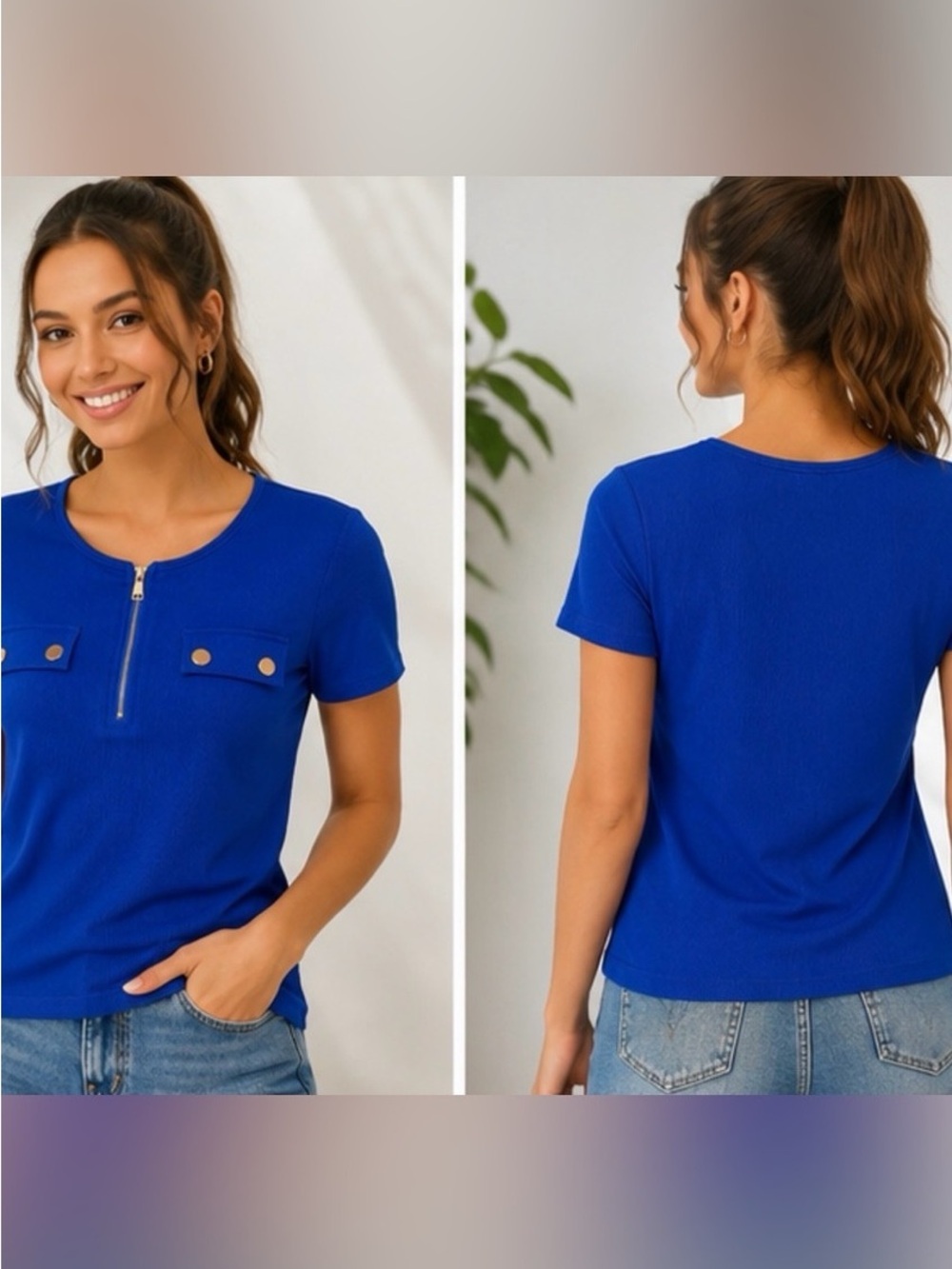 Casual Short-Sleeve Zip Pocket Top - Royal Blue